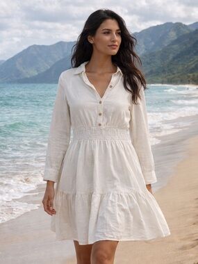 Zara White Linen Blend Dress Small Smocked Waist Tiered Boho